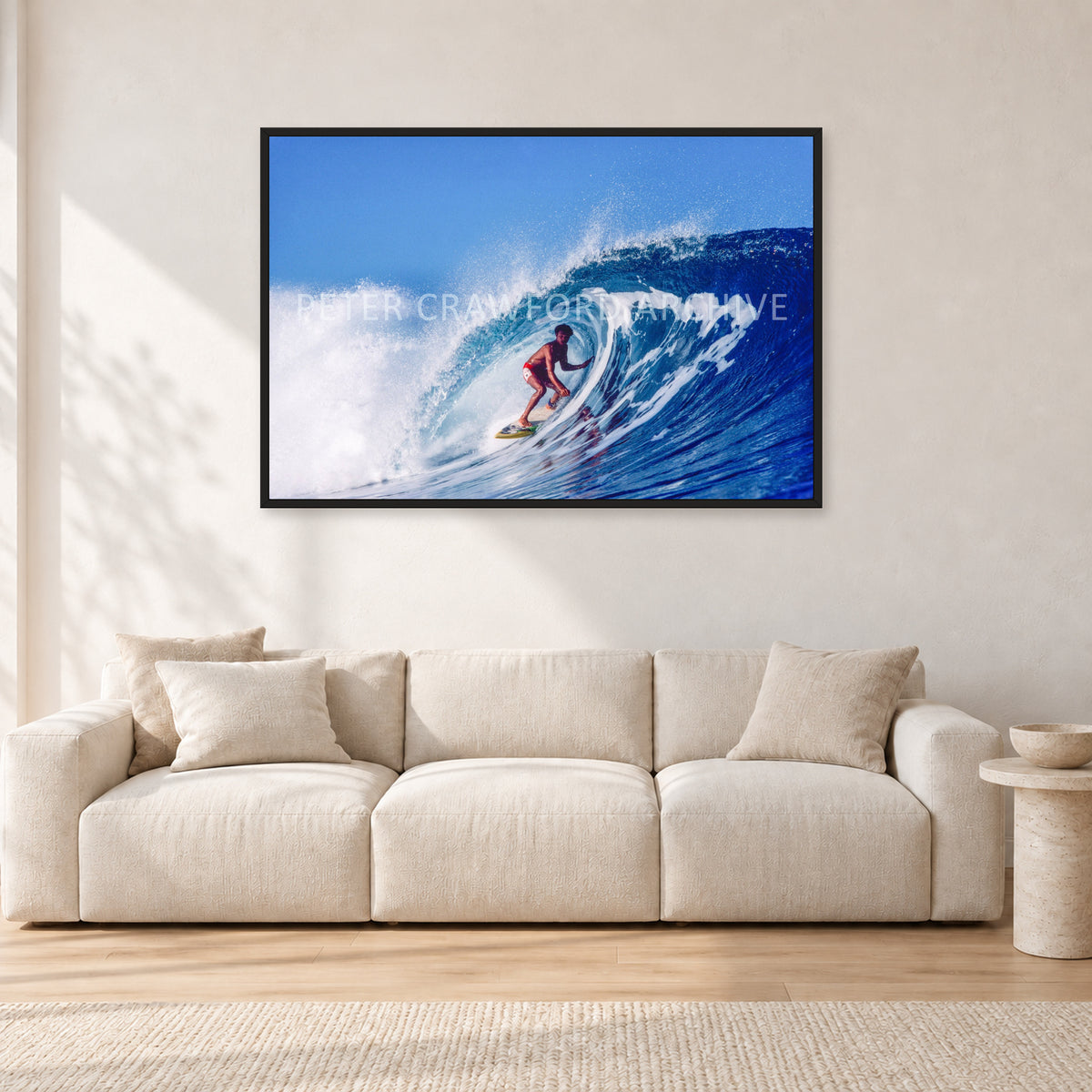 Marvin Foster, Pipeline 1987 by Peter Crawford — 120 × 80 cm, black frame, shown in a light minimalist living room.