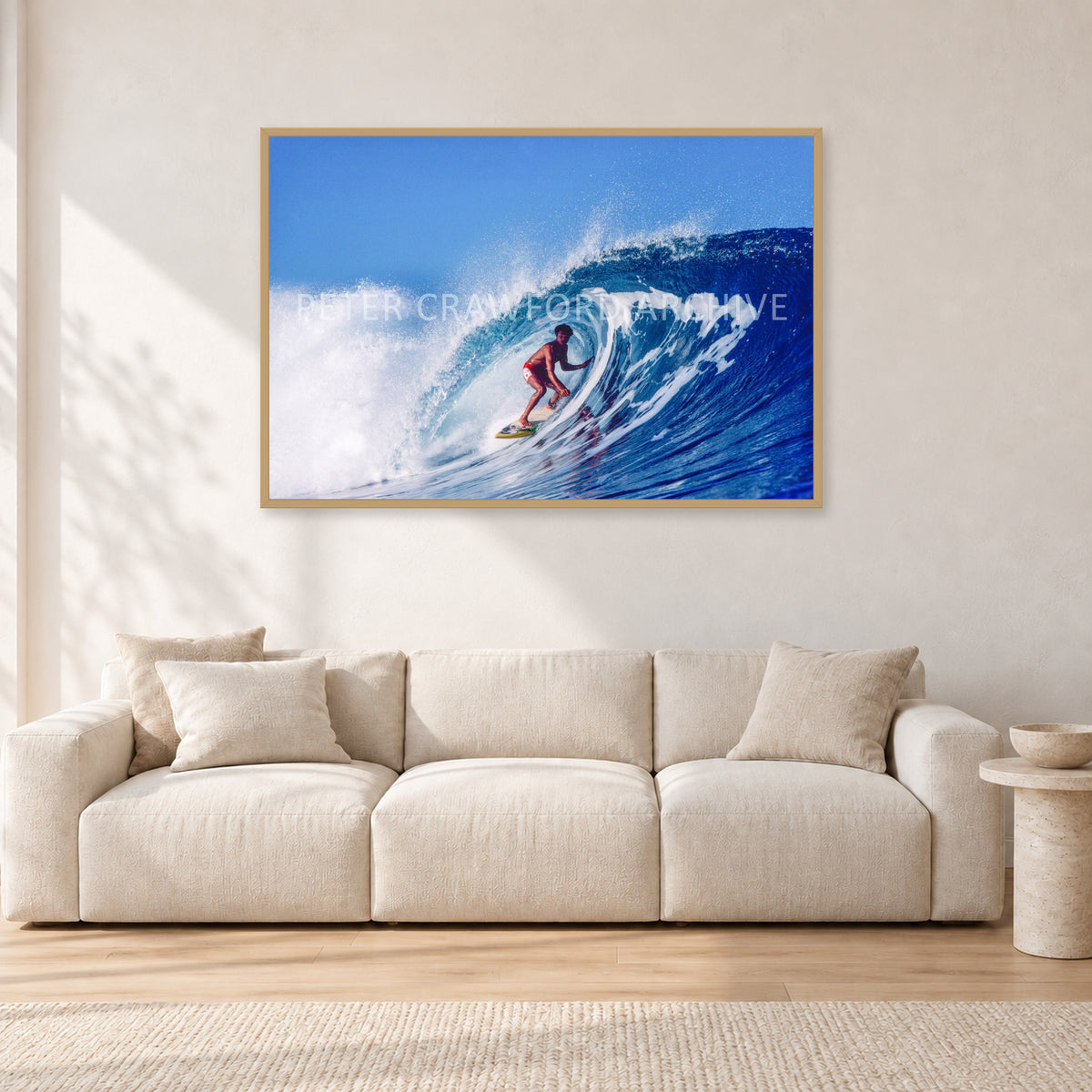 Marvin Foster, Pipeline 1987 by Peter Crawford — 120 × 80 cm, hayseed frame, shown in a light minimalist living room.