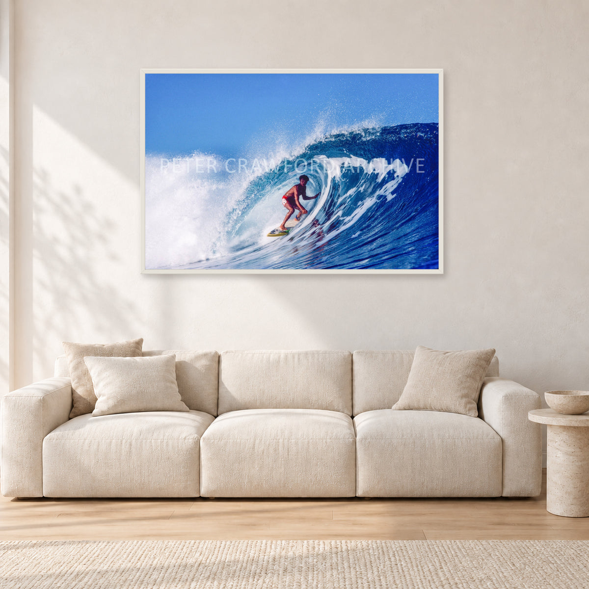 Marvin Foster, Pipeline 1987 by Peter Crawford — 120 × 80 cm, white frame, shown in a light minimalist living room.