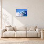 Marvin Foster, Pipeline 1987 by Peter Crawford — 60 × 40 cm, aluminium-mounted resin print, shown in a light minimalist living room.