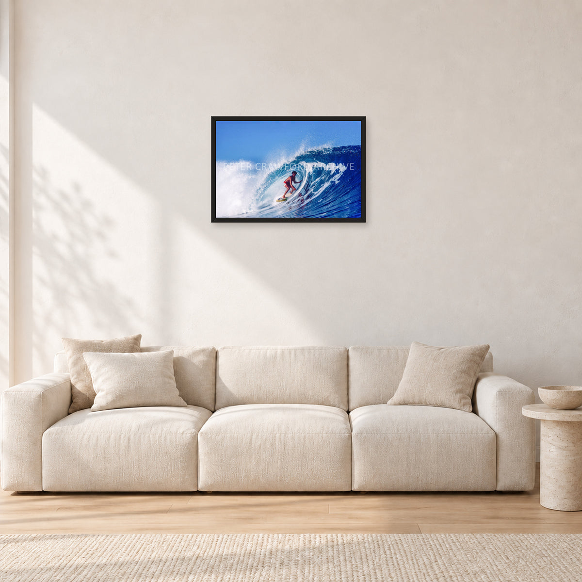 Marvin Foster, Pipeline 1987 by Peter Crawford — 60 × 40 cm, black frame, shown in a light minimalist living room.
