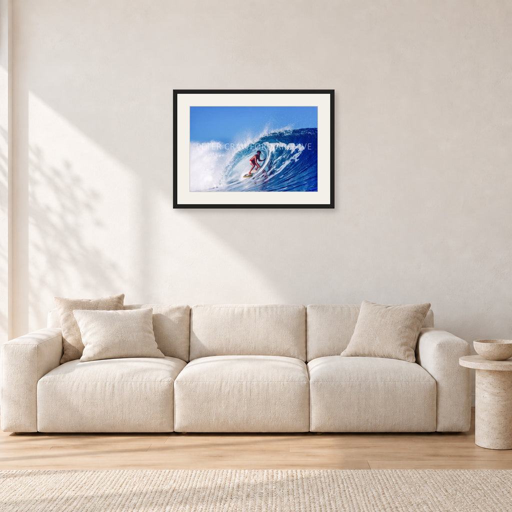 Marvin Foster, Pipeline 1987 by Peter Crawford — 60 × 40 cm, black frame with white mat, shown in a light minimalist living room.