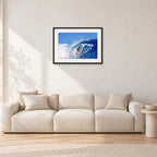 Marvin Foster, Pipeline 1987 by Peter Crawford — 60 × 40 cm, black frame with white mat, shown in a light minimalist living room.