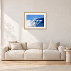 Marvin Foster, Pipeline 1987 by Peter Crawford — 60 × 40 cm, hayseed frame with white mat, shown in a light minimalist living room.