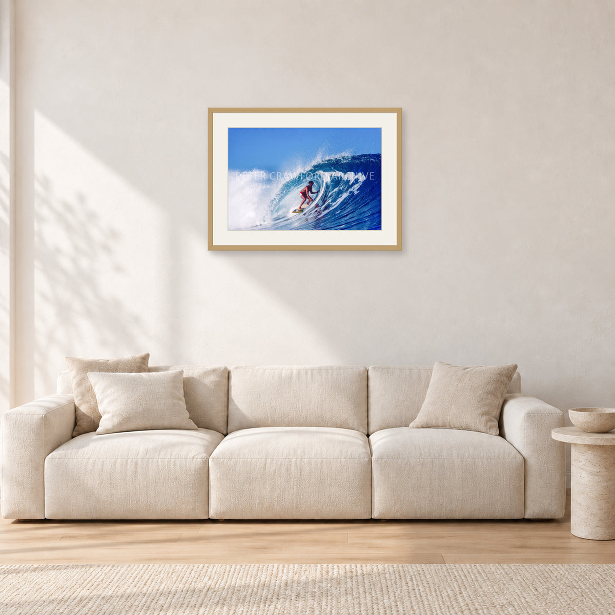 Marvin Foster, Pipeline 1987 by Peter Crawford — 60 × 40 cm, hayseed frame with white mat, shown in a light minimalist living room.