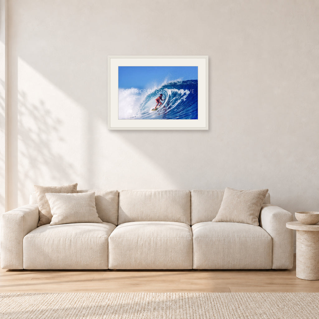 Marvin Foster, Pipeline 1987 by Peter Crawford — 60 × 40 cm, white frame with white mat, shown in a light minimalist living room.