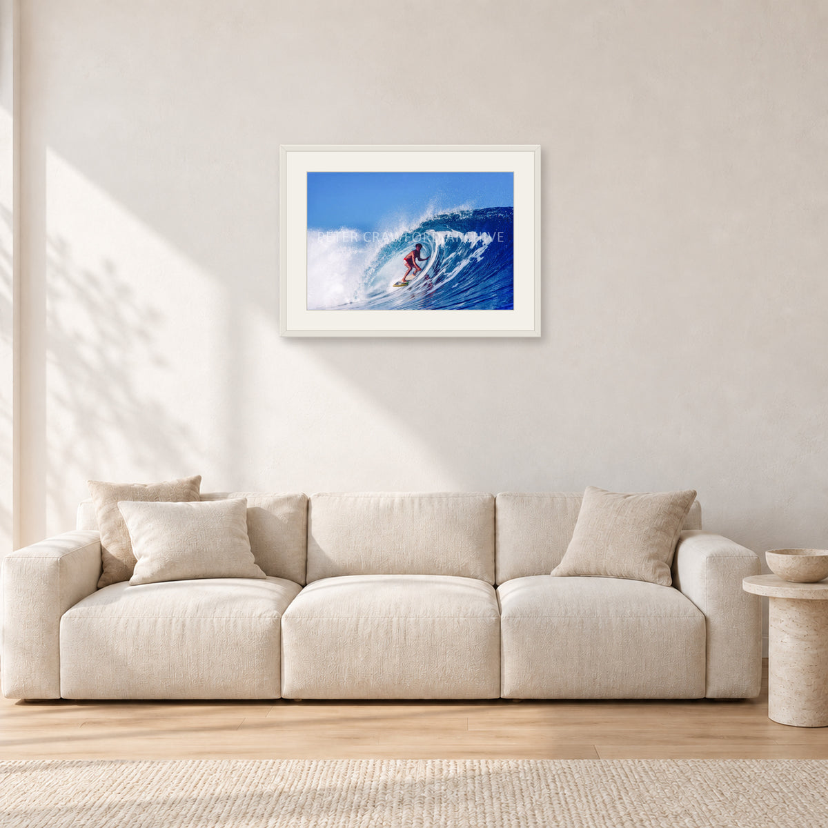 Marvin Foster, Pipeline 1987 by Peter Crawford — 60 × 40 cm, white frame with white mat, shown in a light minimalist living room.
