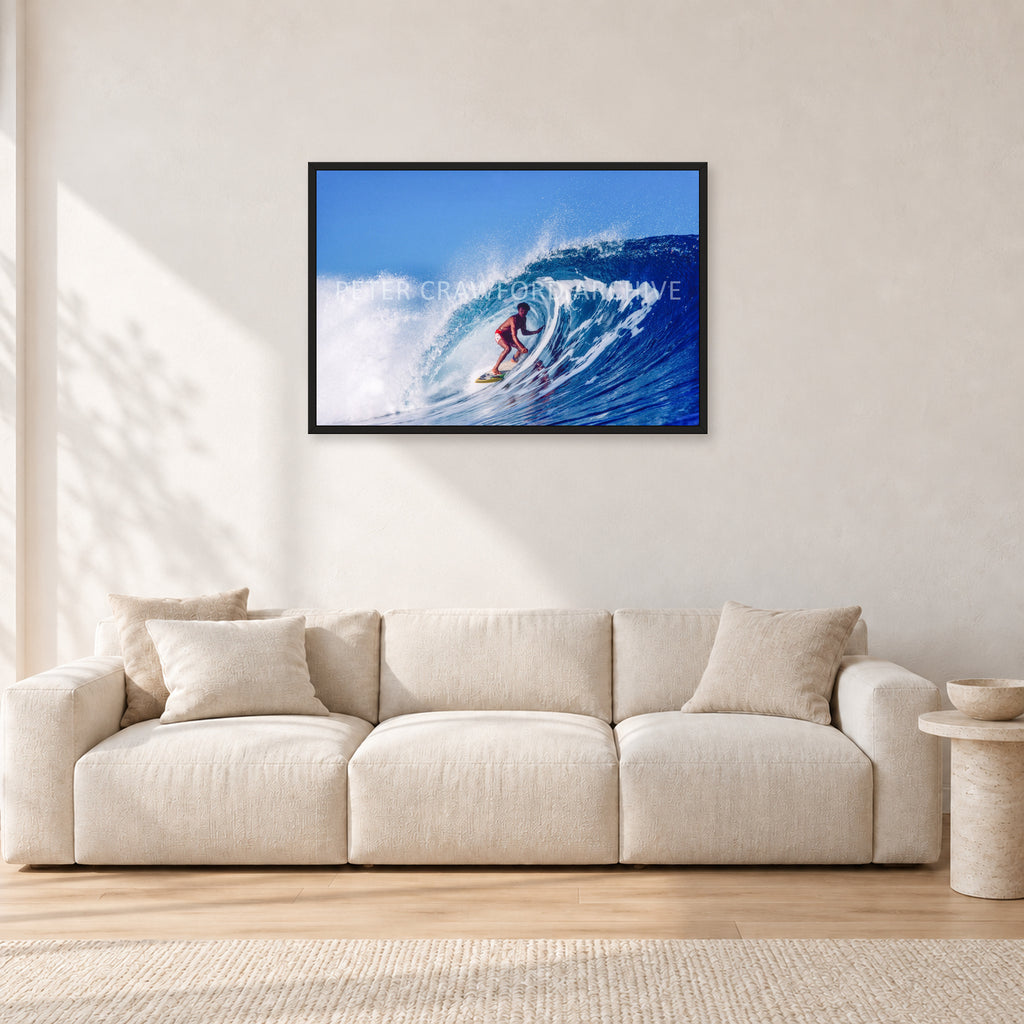 Marvin Foster, Pipeline 1987 by Peter Crawford — 90 × 60 cm, black frame, shown in a light minimalist living room.