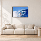 Marvin Foster, Pipeline 1987 by Peter Crawford — 90 × 60 cm, black frame, shown in a light minimalist living room.