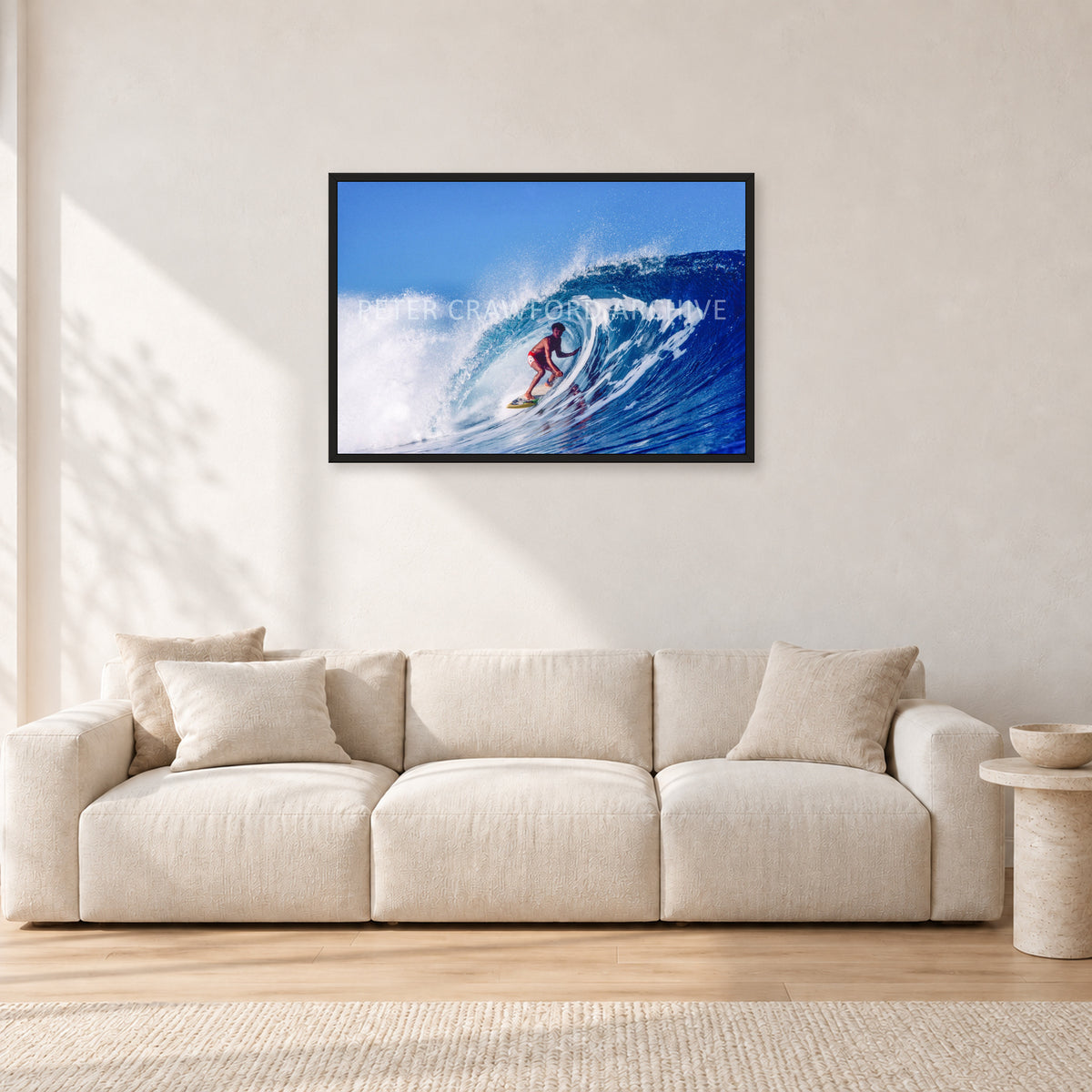 Marvin Foster, Pipeline 1987 by Peter Crawford — 90 × 60 cm, black frame, shown in a light minimalist living room.