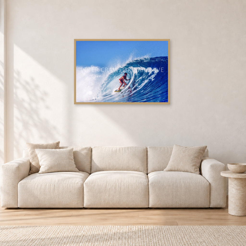 Marvin Foster, Pipeline 1987 by Peter Crawford — 90 × 60 cm, hayseed frame, shown in a light minimalist living room.
