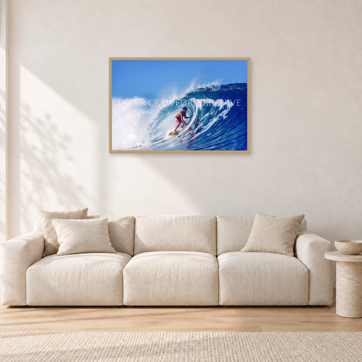 Marvin Foster, Pipeline 1987 by Peter Crawford — 90 × 60 cm, hayseed frame, shown in a light minimalist living room.