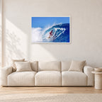Marvin Foster, Pipeline 1987 by Peter Crawford — 90 × 60 cm, white frame, shown in a light minimalist living room.