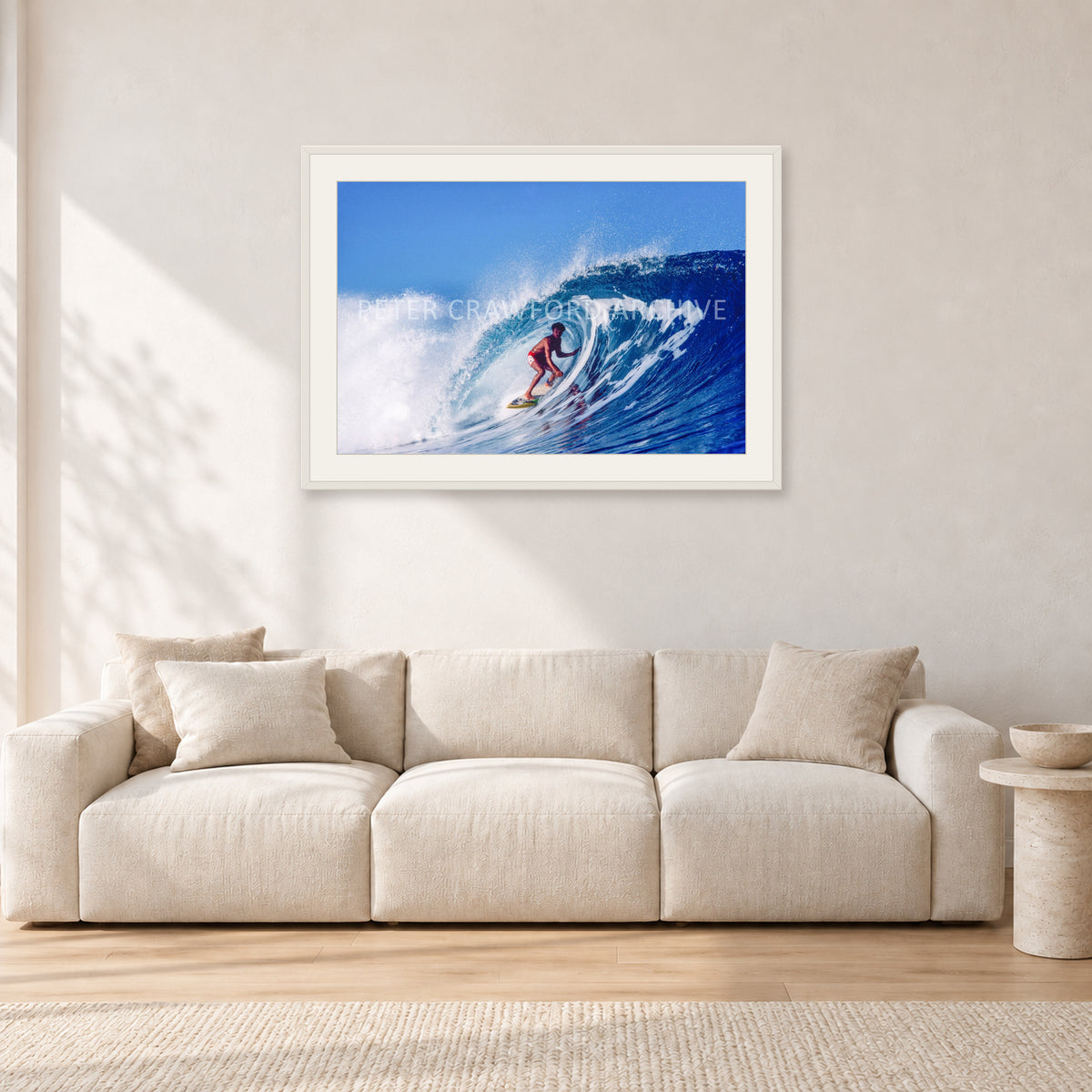 Marvin Foster, Pipeline 1987 by Peter Crawford — 90 × 60 cm, white frame with white mat, shown in a light minimalist living room.
