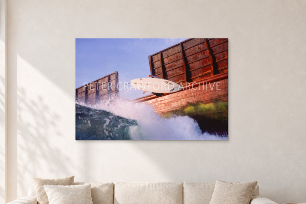 Dave Smith, Bali 1999 by Peter Crawford — 120 × 80 cm, aluminium-mounted resin print, shown in a light minimalist living room.