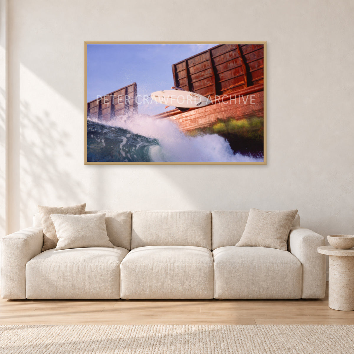 Dave Smith, Bali 1999 by Peter Crawford — 120 × 80 cm, hayseed frame, shown in a light minimalist living room.
