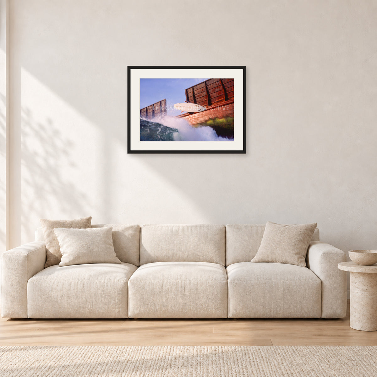 Dave Smith, Bali 1999 by Peter Crawford — 60 × 40 cm, black frame with white mat, shown in a light minimalist living room.