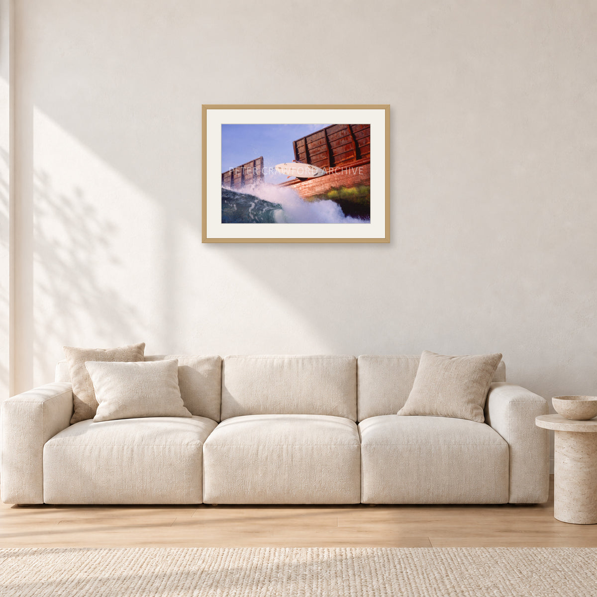 Dave Smith, Bali 1999 by Peter Crawford — 60 × 40 cm, hayseed frame with white mat, shown in a light minimalist living room.