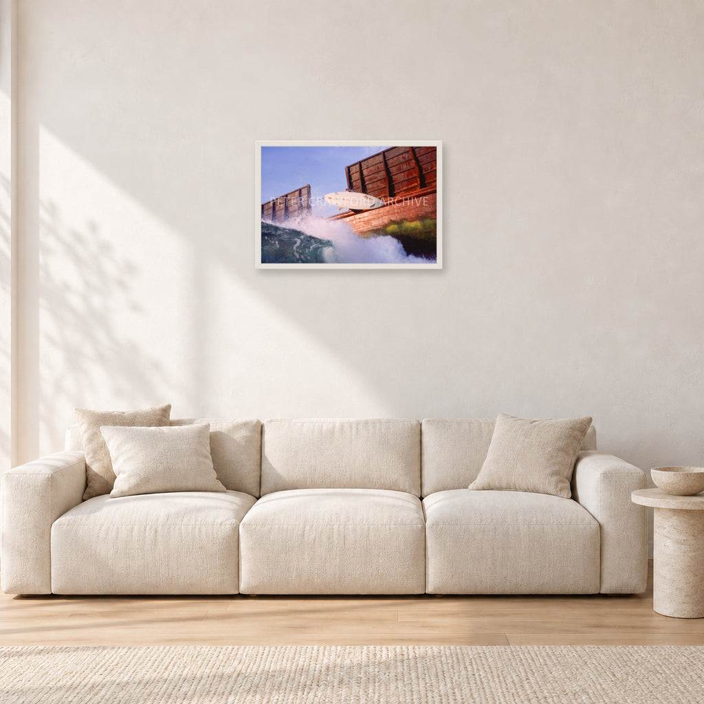 Dave Smith, Bali 1999 by Peter Crawford — 60 × 40 cm, white frame, shown in a light minimalist living room.