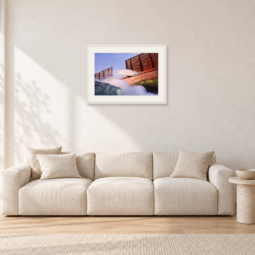 Dave Smith, Bali 1999 by Peter Crawford — 60 × 40 cm, white frame with white mat, shown in a light minimalist living room.