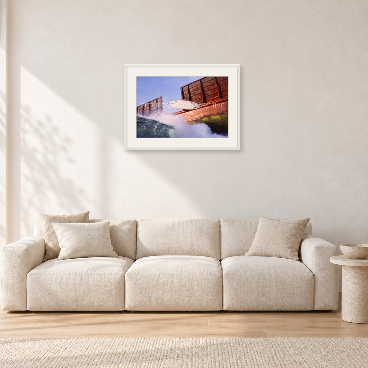 Dave Smith, Bali 1999 by Peter Crawford — 60 × 40 cm, white frame with white mat, shown in a light minimalist living room.
