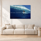 Michael Peterson, Sunset Beach 1975 by Peter Crawford — 120 × 80 cm, aluminium-mounted resin print, shown in a light minimalist living room.