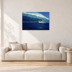 Michael Peterson, Sunset Beach 1975 by Peter Crawford — 90 × 60 cm, aluminium-mounted resin print, shown in a light minimalist living room.
