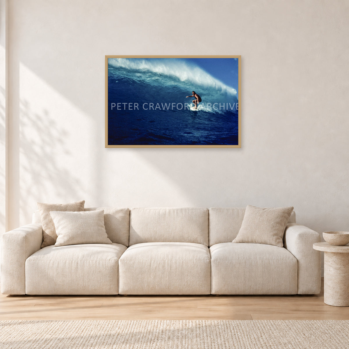 Michael Peterson, Sunset Beach 1975 by Peter Crawford — 90 × 60 cm, hayseed frame, shown in a light minimalist living room.