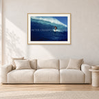 Michael Peterson, Sunset Beach 1975 by Peter Crawford — 90 × 60 cm, hayseed frame with white mat, shown in a light minimalist living room.