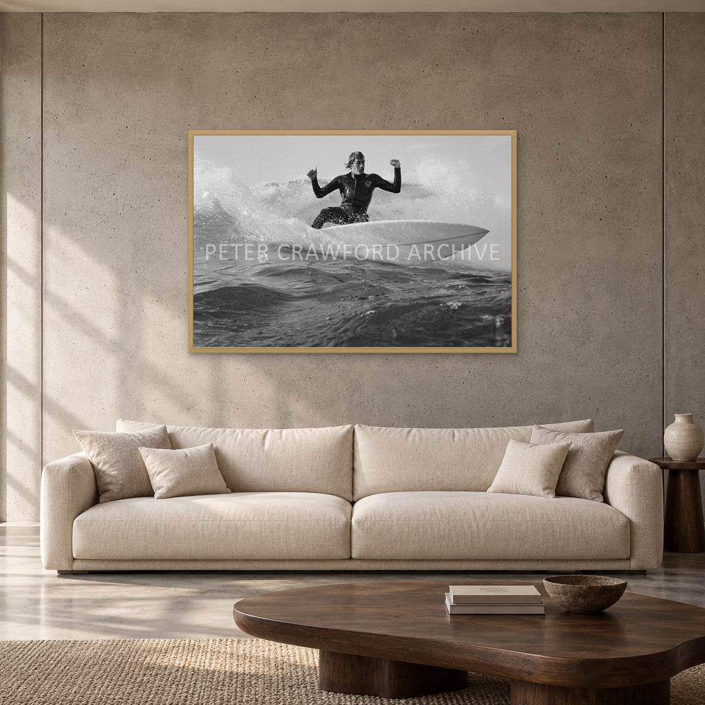 MP Cutback by Peter Crawford — 120 × 80 cm, hayseed full frame, shown to scale in a contemporary concrete-wall living room.