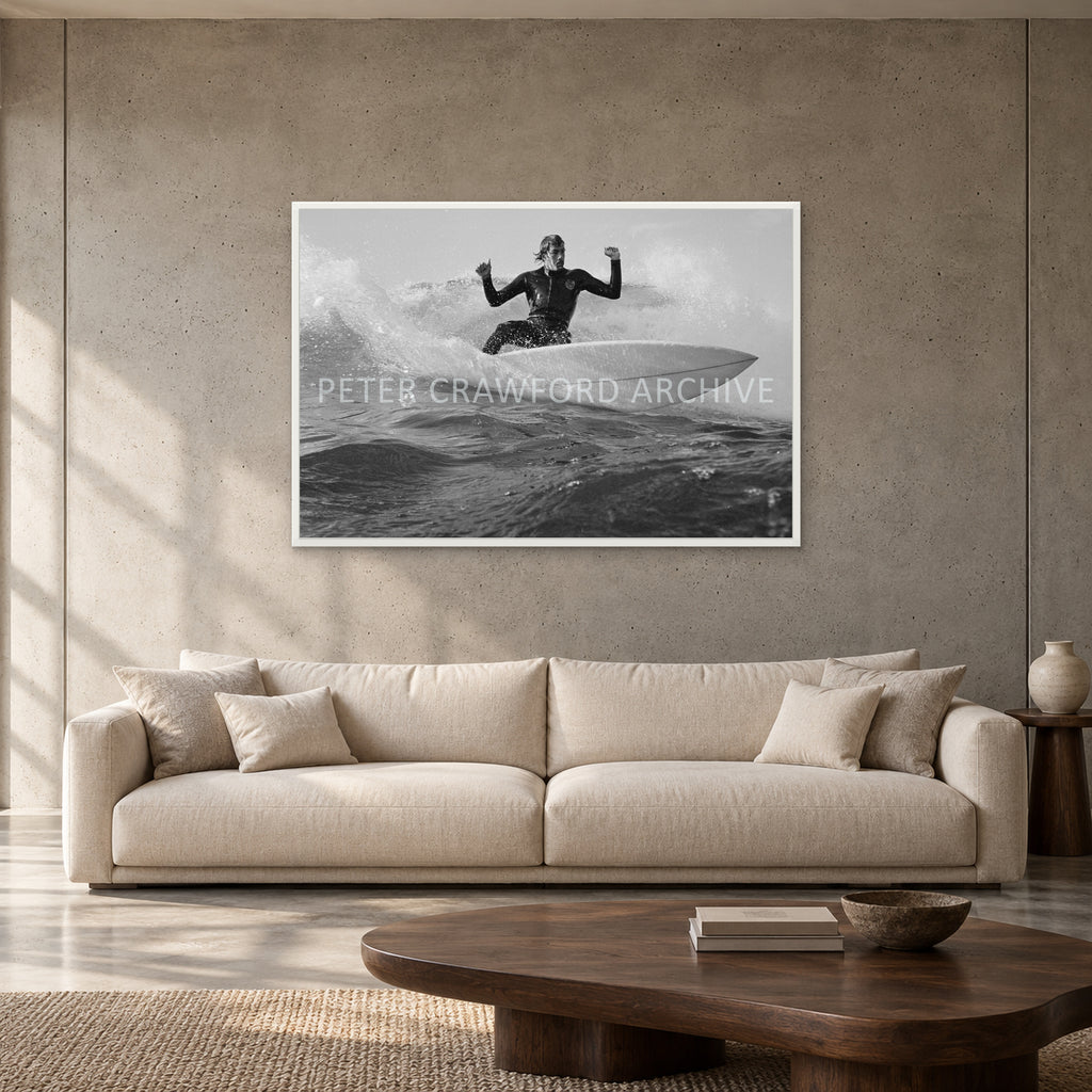 MP Cutback by Peter Crawford — 120 × 80 cm, white full frame, shown to scale in a contemporary concrete-wall living room.