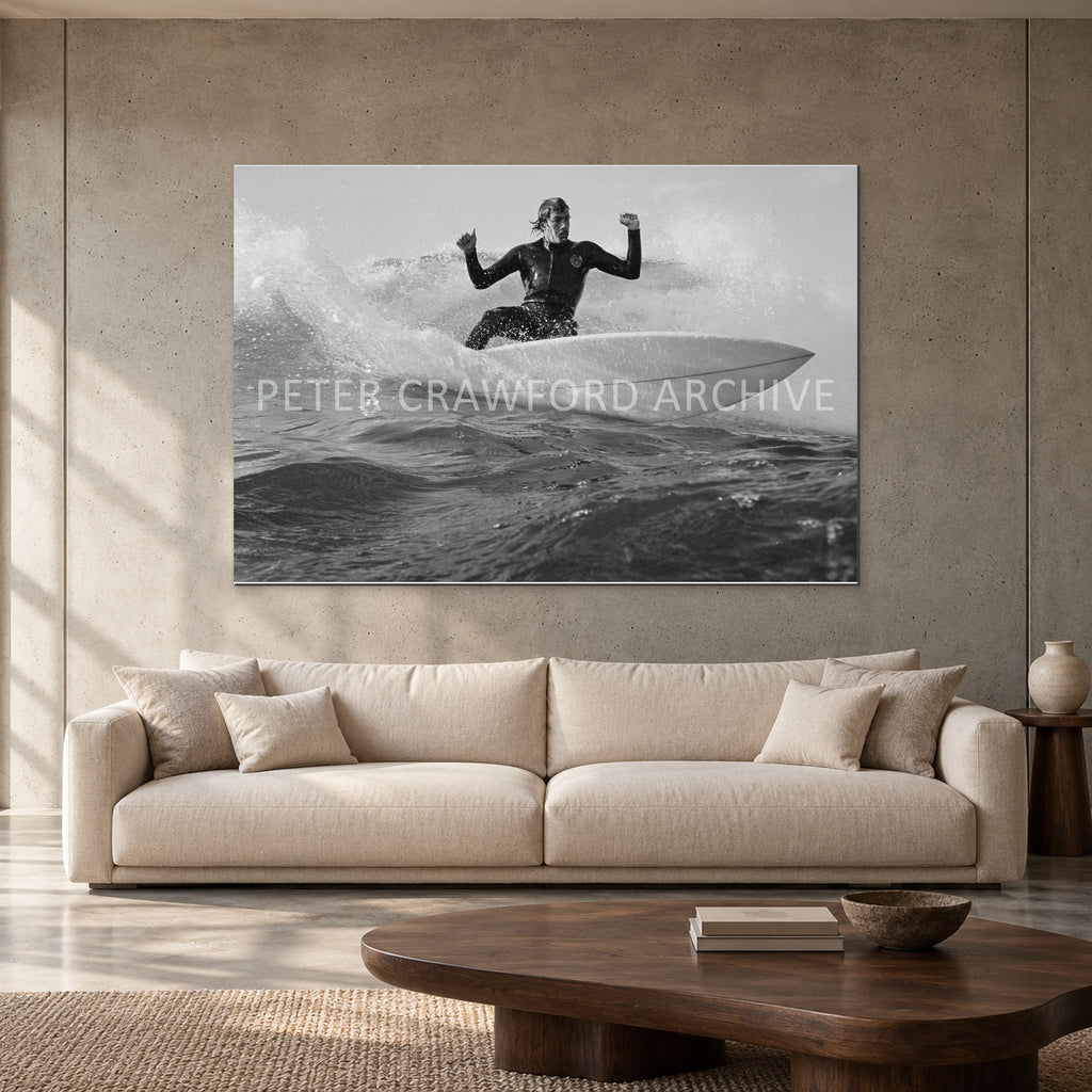 MP Cutback by Peter Crawford — 152 × 102 cm, aluminium resin mount, shown to scale in a contemporary concrete-wall living room.