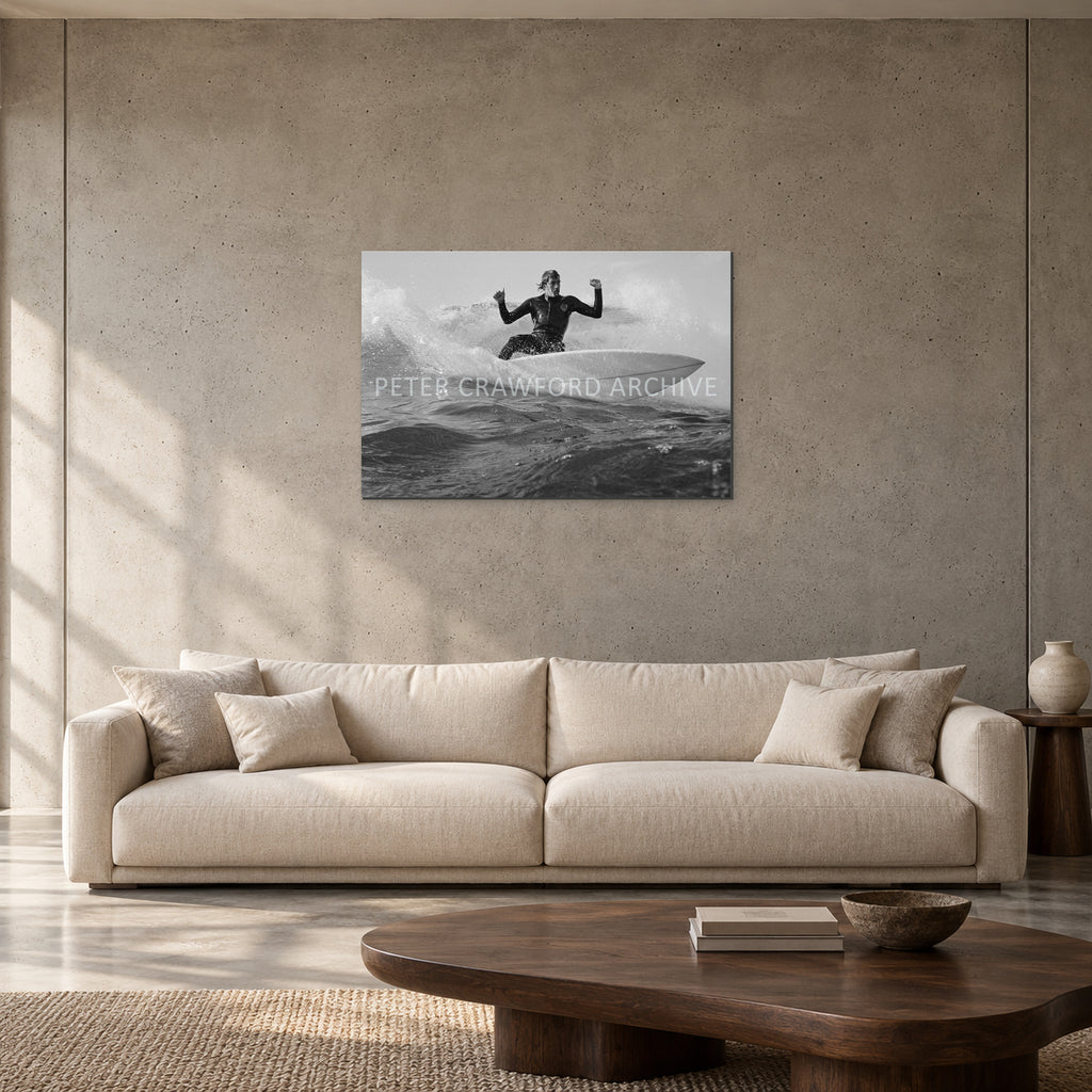 MP Cutback by Peter Crawford — 90 × 60 cm, aluminium resin mount, shown to scale in a contemporary concrete-wall living room.