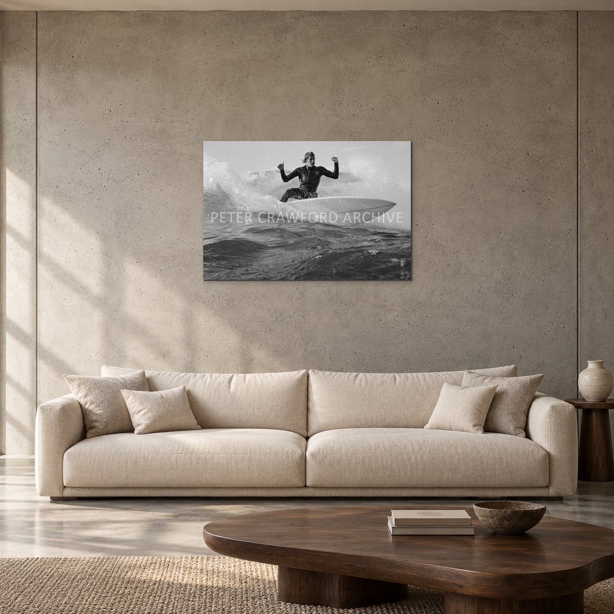MP Cutback by Peter Crawford — 90 × 60 cm, aluminium resin mount, shown to scale in a contemporary concrete-wall living room.