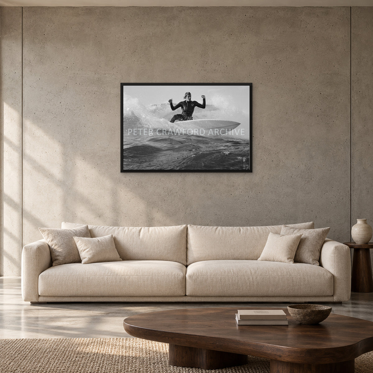 MP Cutback by Peter Crawford — 90 × 60 cm, black full frame, shown to scale in a contemporary concrete-wall living room.