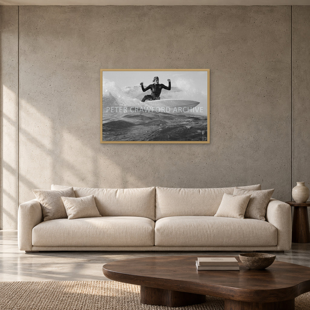 MP Cutback by Peter Crawford — 90 × 60 cm, hayseed full frame, shown to scale in a contemporary concrete-wall living room.