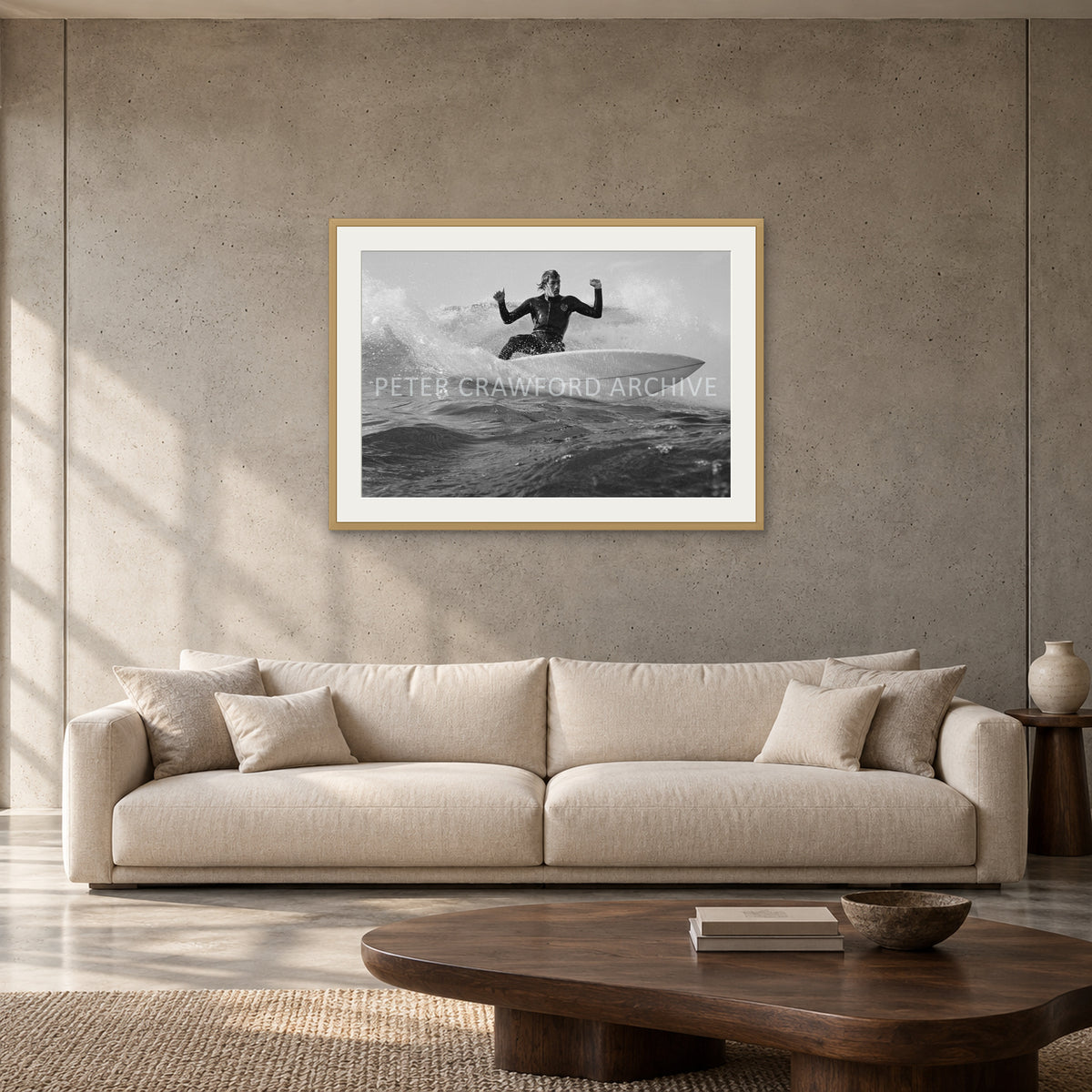 MP Cutback by Peter Crawford — 90 × 60 cm, hayseed frame with mat, shown to scale in a contemporary concrete-wall living room.