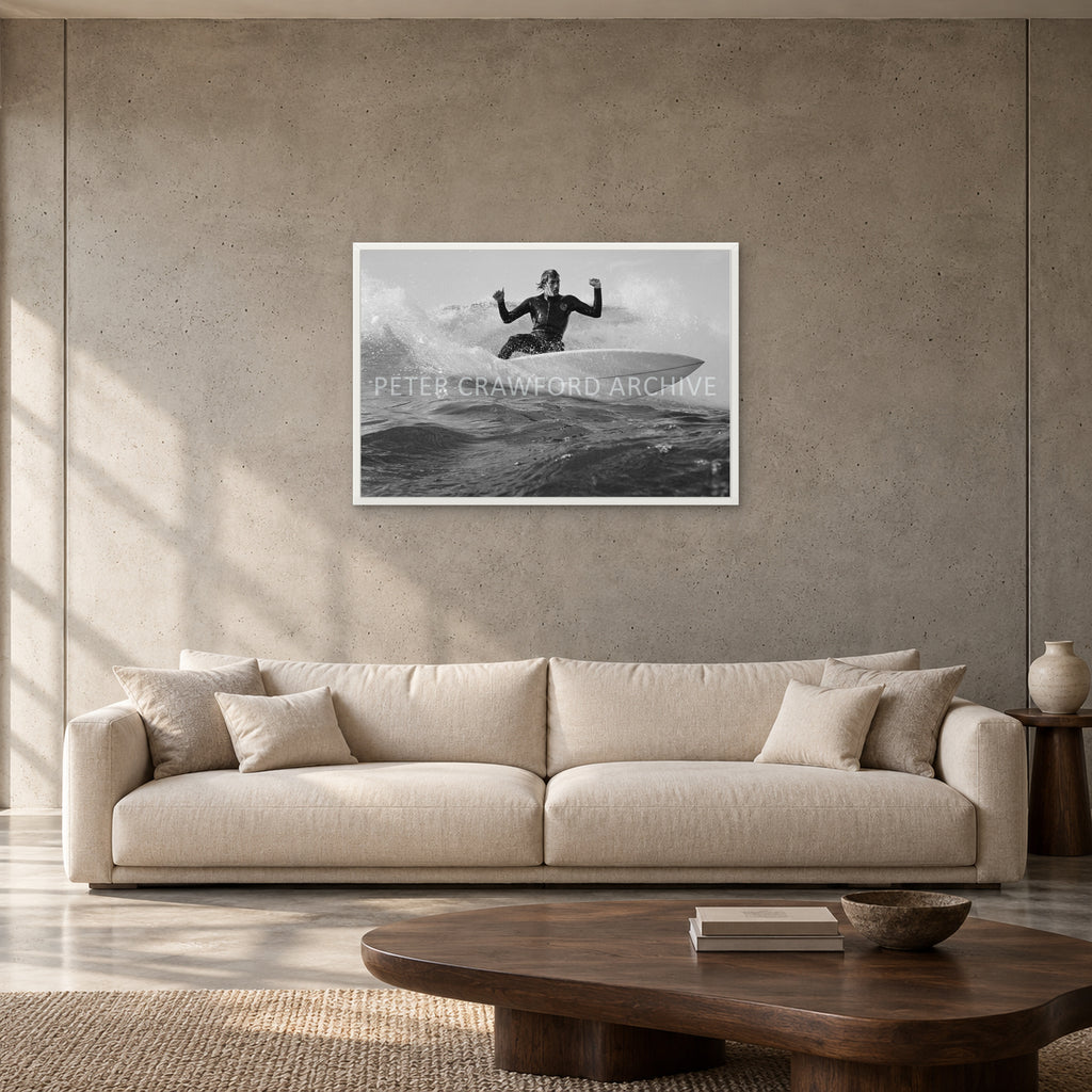 MP Cutback by Peter Crawford — 90 × 60 cm, white full frame, shown to scale in a contemporary concrete-wall living room.