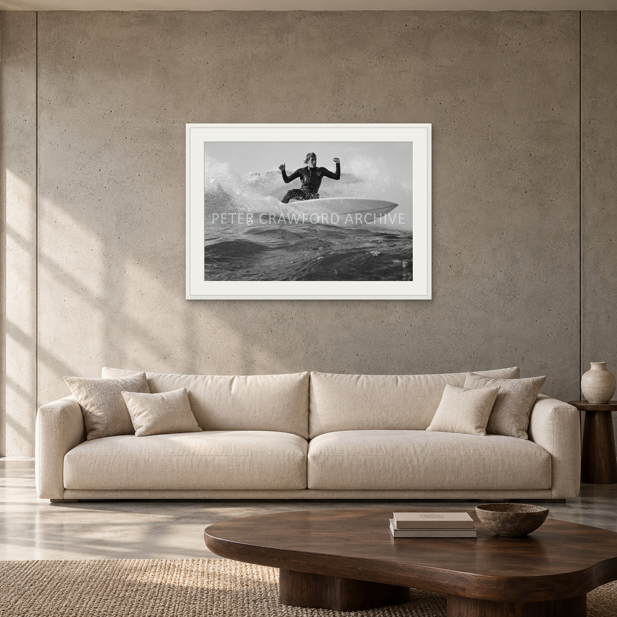 MP Cutback by Peter Crawford — 90 × 60 cm, white frame with mat, shown to scale in a contemporary concrete-wall living room.