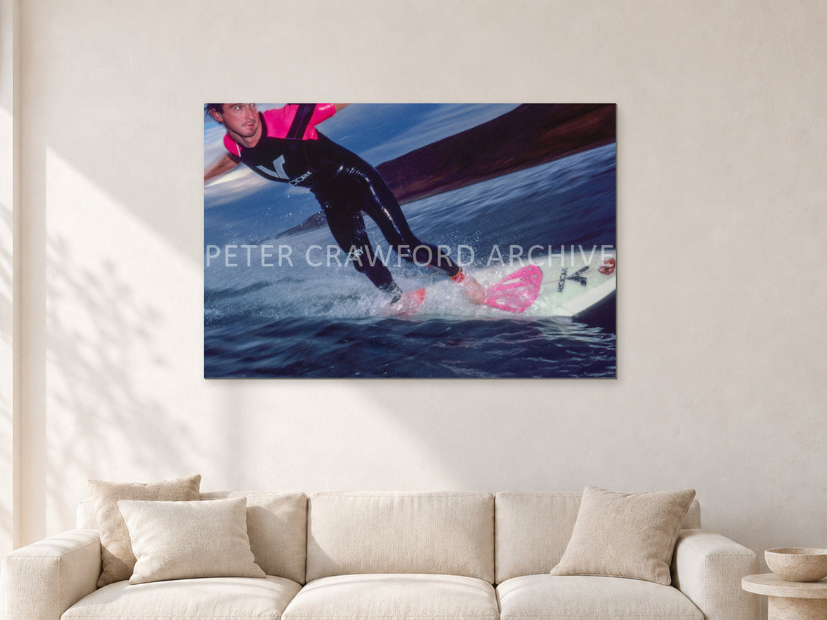 MR Bells 83 by Peter Crawford — 120 × 80 cm, aluminium-mounted resin print, shown in a light minimalist living room.