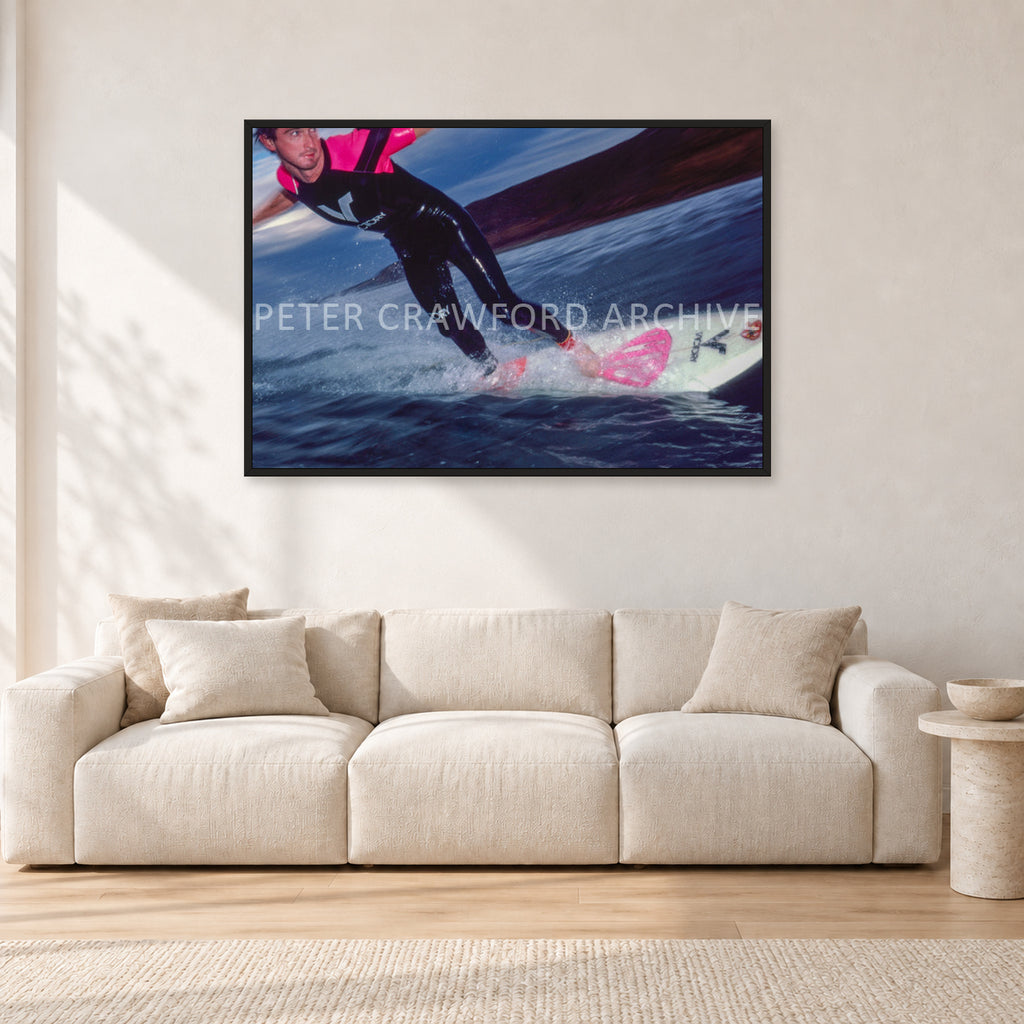 MR Bells 83 by Peter Crawford — 120 × 80 cm, black frame, shown in a light minimalist living room.