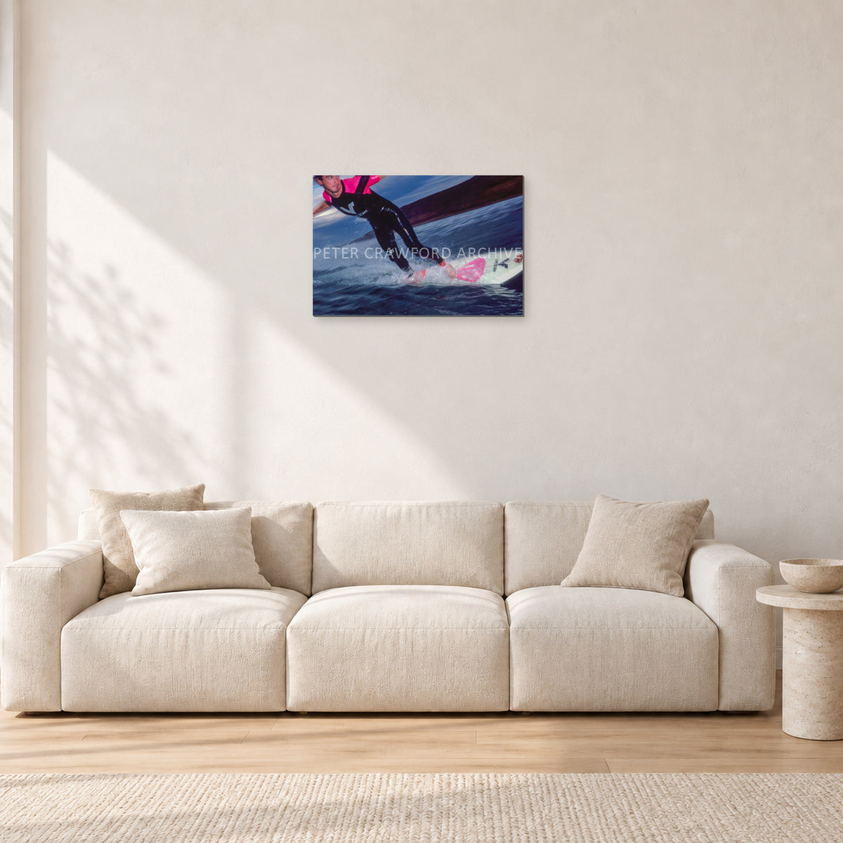 MR Bells 83 by Peter Crawford — 60 × 40 cm, aluminium-mounted resin print, shown in a light minimalist living room.