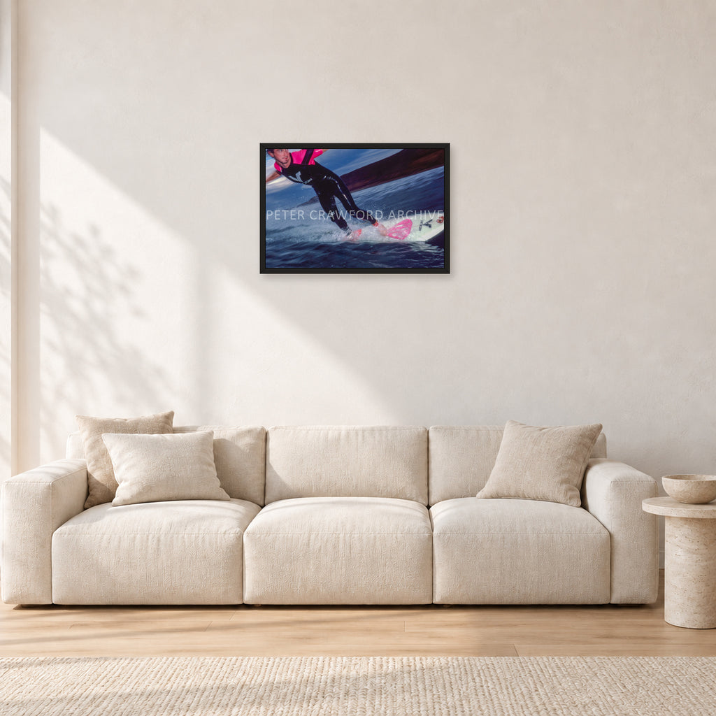 MR Bells 83 by Peter Crawford — 60 × 40 cm, black frame, shown in a light minimalist living room.