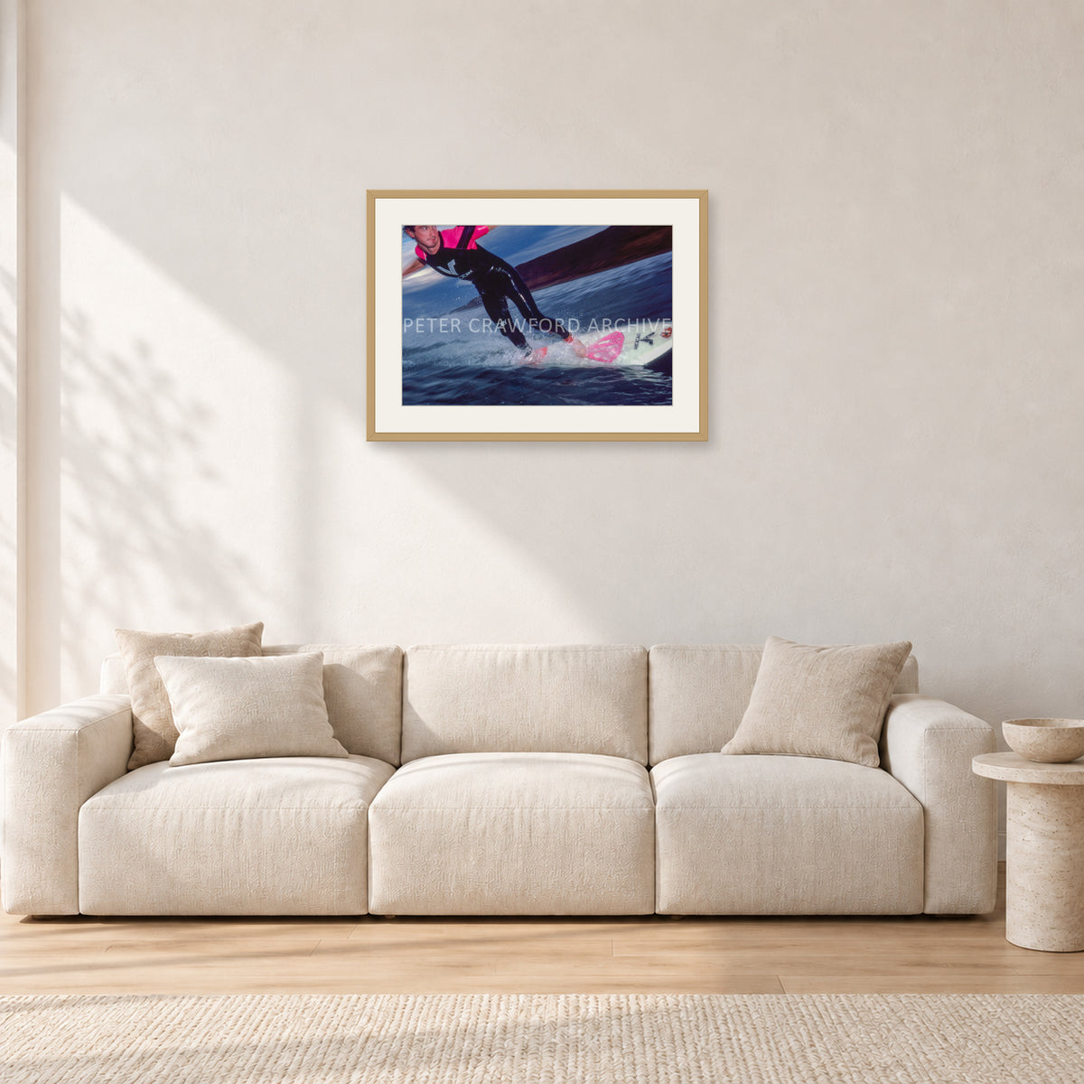 MR Bells 83 by Peter Crawford — 60 × 40 cm, hayseed frame with white mat, shown in a light minimalist living room.