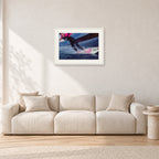 MR Bells 83 by Peter Crawford — 60 × 40 cm, white frame with white mat, shown in a light minimalist living room.