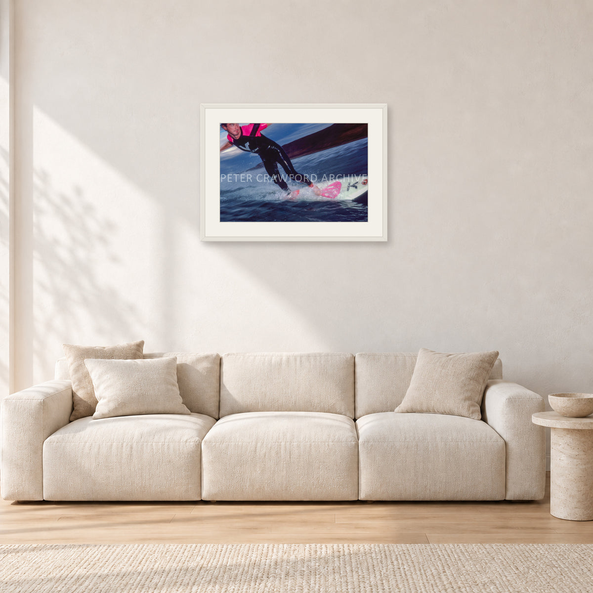 MR Bells 83 by Peter Crawford — 60 × 40 cm, white frame with white mat, shown in a light minimalist living room.