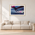 MR Bells 83 by Peter Crawford — 90 × 60 cm, hayseed frame with white mat, shown in a light minimalist living room.