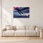 MR Bells 83 by Peter Crawford — 90 × 60 cm, white frame, shown in a light minimalist living room.