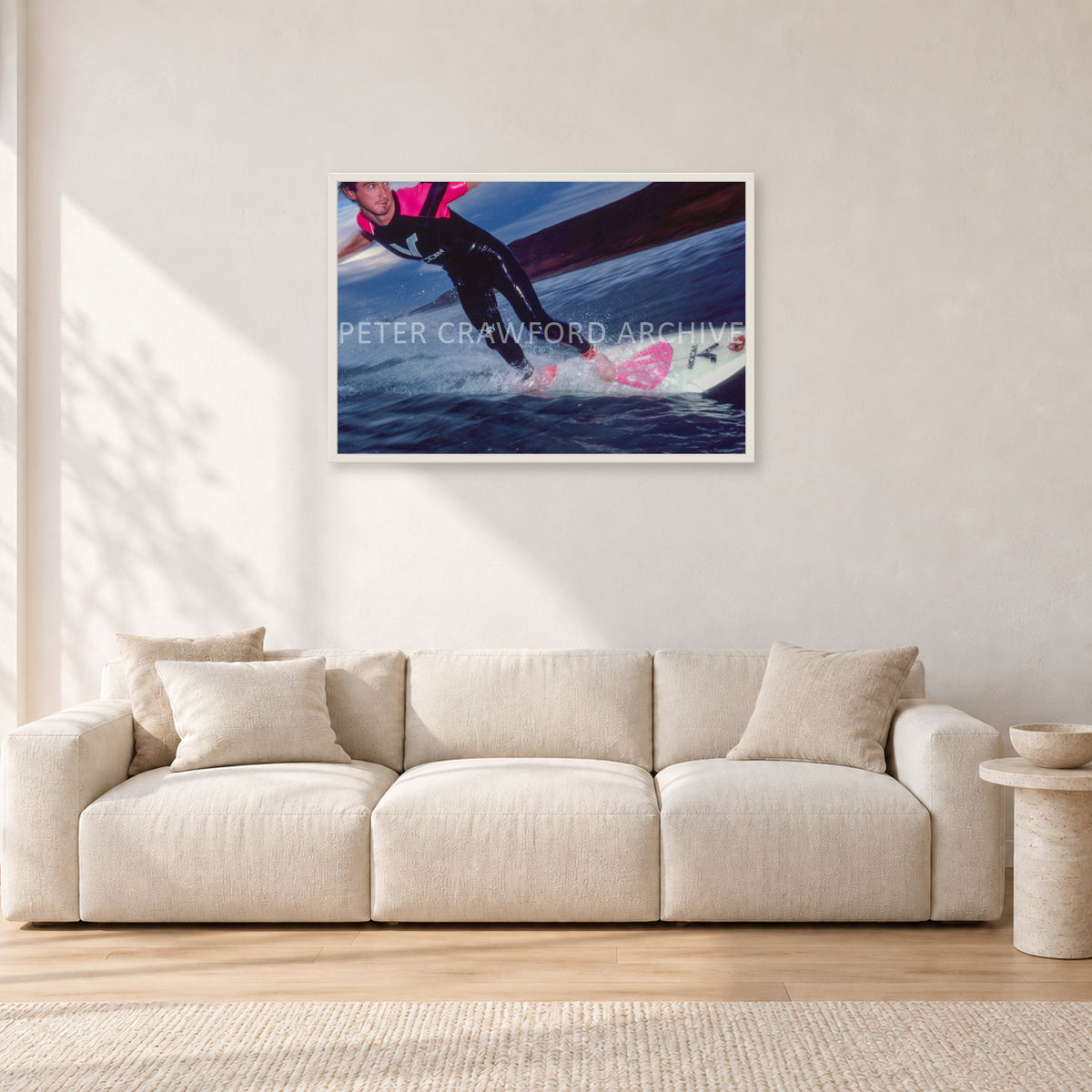 MR Bells 83 by Peter Crawford — 90 × 60 cm, white frame, shown in a light minimalist living room.