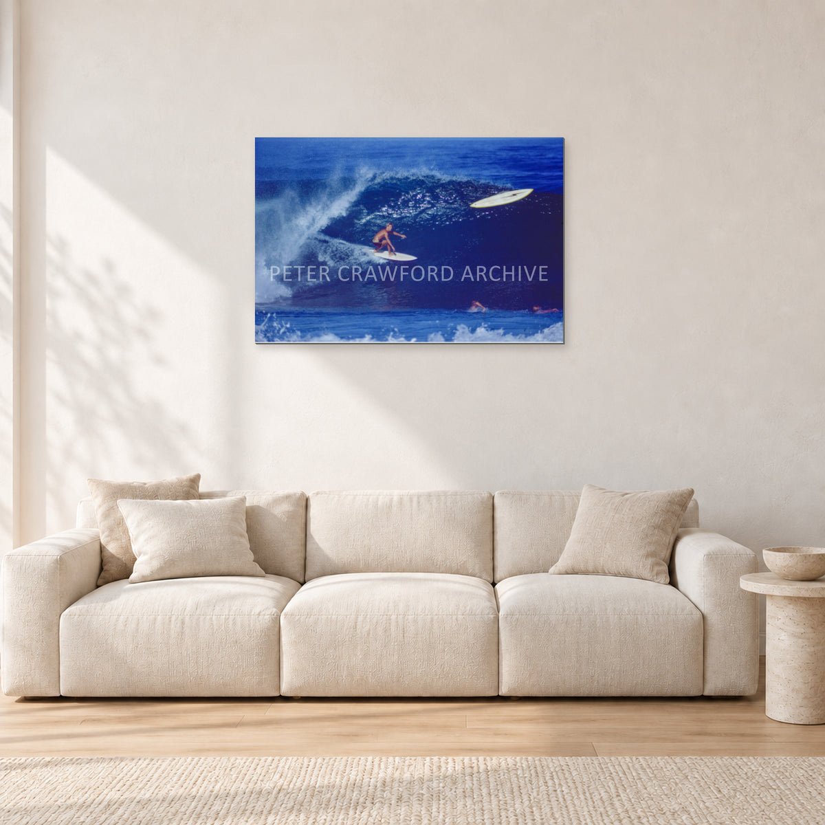 Mystery Bolt, 1989 by Peter Crawford — 90 × 60 cm, aluminium-mounted resin print, shown in a light minimalist living room.
